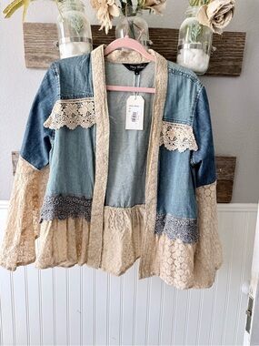 Frayed Lace-Trim Denim Jacket - Blue and Cream